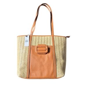 Straw and Faux Leather Tote Bag